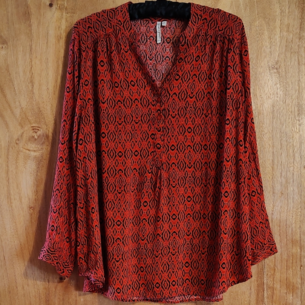 Grand & Greene Womens Soft Popover Top Tomato Red & Black Long Sleeve Rayon 2X